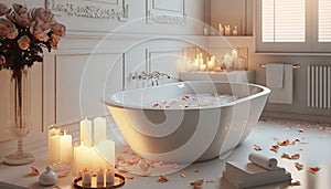 Elegant white bathroom interior with romantic atmosphere, burning candles and rose petals.