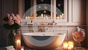 Elegant white bathroom interior with romantic atmosphere, burning candles and rose petals.