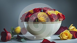 Elegant White Bowl With Golden Trim Overflows With A Luxurious Assortment Of Red And Yellow Roses