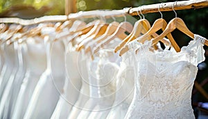 Elegant white bridal gowns hanging on hangers in upscale bridal boutique for wedding dress shopping