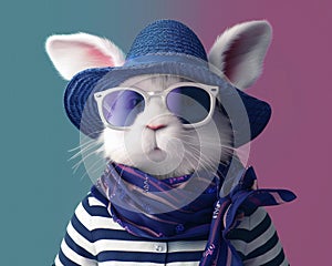 Elegant white bunny with stylish neck scarf, sunglasses and sunhat, ready for marine vacations. photo