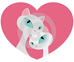 Elegant White Cat Couple Tender Embrace in Heart Shape Valentines Day Vector Illustration Isolated on White