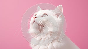 An elegant white cat with striking eyes gazes upwards on a soft pink backdrop, captivating viewers, Ai Generated