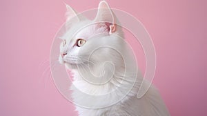 An elegant white cat with striking eyes gazes upwards on a soft pink backdrop, captivating viewers, Ai Generated