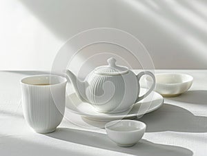 elegant white ceramic tea set on table