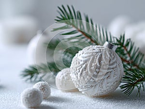 Elegant white Christmas bauble with intricate embossed patterns resting on snowy surface beside fresh evergreen branches and