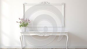 An elegant white console table adorned with a vase of pink flowers, complemented by a white ornate mirror, exuding a sense of