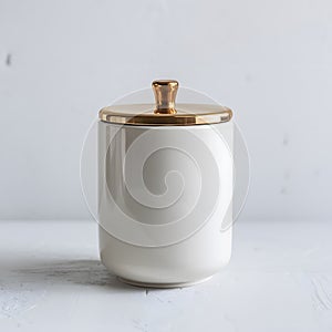 Elegant white cylinder with gold lid exudes refinement, perfect for packaging or storage photo