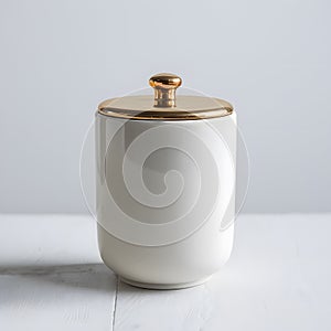 Elegant white cylinder with gold lid exudes refinement, perfect for packaging or storage photo