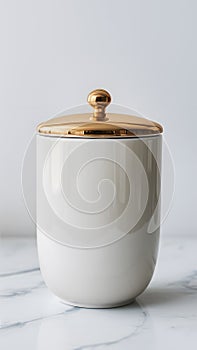 Elegant white cylinder with gold lid exudes refinement, perfect for packaging or storage photo
