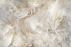 Elegant white feathers arranged on a luxurious marble surface with organic patterns