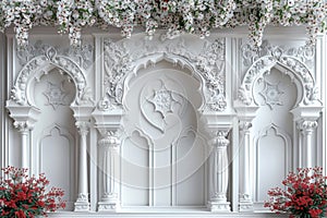 Elegant white floral archway with intricate design, perfect for wedding backgrounds. End of Eid al-Fitr.