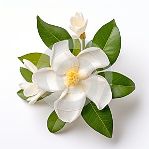 Elegant White Flower With Green Leaves On A Light Background