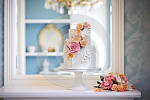 elegant white fondant wedding cake with sugar roses in display