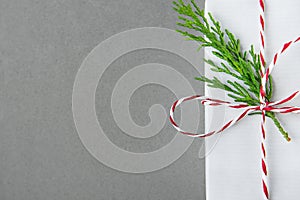 Elegant White Gift Box Tied with Red Ribbon Green Juniper Twig. Christmas New Years Presents Shopping Sale. Gray Background