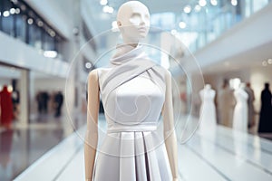 Elegant White Gown Displayed on Mannequin in Bright Retail Space