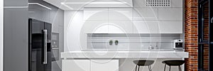 Elegant white and gray kitchen, panorama