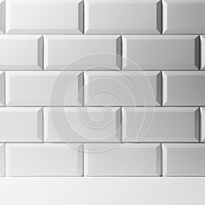 Elegant white and grey abstract stage with white glossy ceramic rectangle tile wall, gradient.