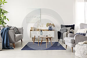 Elegant white, grey and blue living room interior with scandinavian sofa and velvet armchair