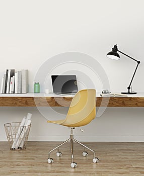 Elegant white home office with yellow chair