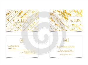 Elegant white luxury business cards with marble texture and gold detail vector template, banner or invitation with