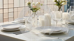 Elegant White Minimalist Dining Table with Geometric Porcelain Dinnerware