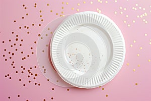 Elegant White Paper Plate Mockup with Gold Confetti on Pink Background for Celebrations.