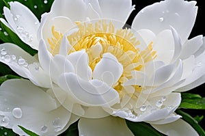 Elegant White Peony with Dew Drops on Petals