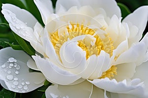 Elegant White Peony with Dew Drops on Petals