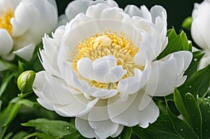 Elegant White Peony with Dew Drops on Petals