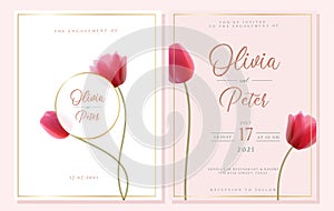 Elegant white and pink engagement invitation template with pink transparent tulip