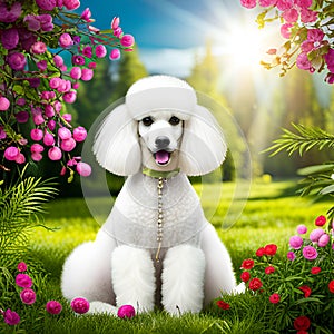 Elegant white poodle in the spring meadow looks curiously