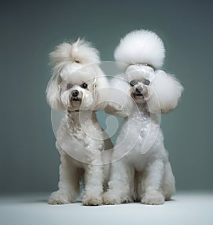 Elegant white poodles stand together, flaunting their carefully groomed fur