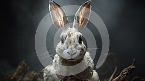 Elegant White Rabbit With Horrific Facial Expression On Ghostly Background