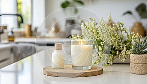 Elegant white scented candles in glass with wooden lid in stylish kitchen interior