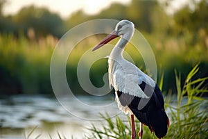 Elegant White Stork at Riverside During Sunset