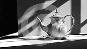 Elegant white tea pot on a surface, bathed in sunlight
