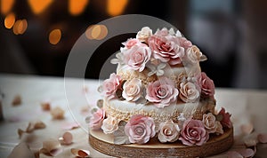 Elegant white wedding cake decorated with flowers from mastic on a white wooden table. Picture for a menu or a
