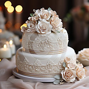 Elegant white wedding cake decorated with flowers from mastic on a white wooden table. Picture for a menu or a