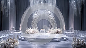 Elegant White Wedding Ceremony Stage with Floral Arch and Chairs