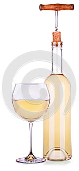 Elegant white wine glass and bottle isolated