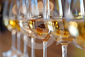 Elegant white wine glasses lined up with golden light