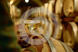 Elegant white wine tasting in a traditional cellar