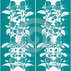Elegant wild meadow flower seamless vector pattern. Arts and crafts style blended sea holly flowers, daisies background