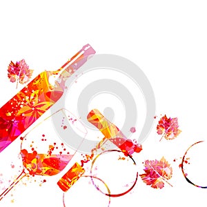 Elegant wine glass, bottle, corkscrew and grapevine leaves