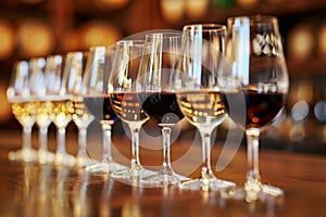 Elegant wine glasses lined up in a sophisticated setting