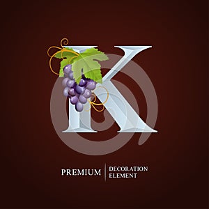 Elegant Wine Logo. Monogram Letter K. Royal silver letter K with Grapes, Leaf and Curl. Calligraphic graceful template art