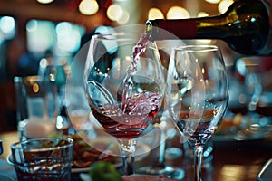 Elegant wine pouring into glass at festive dinner setting
