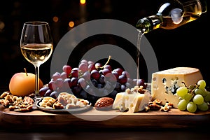 Elegant wine pouring into glass beside gourmet cheese board, grapes, nuts, under warm, soft lighting, conveying sophistication