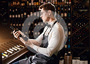 Elegant wine seller holding a bottle of wine and reading label in a wine store